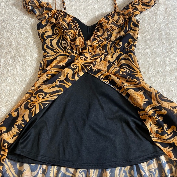 Akira Baroque Gold Black Plunging Neck Ruffled Maxi High Low Dress L Large - Picture 9 of 15